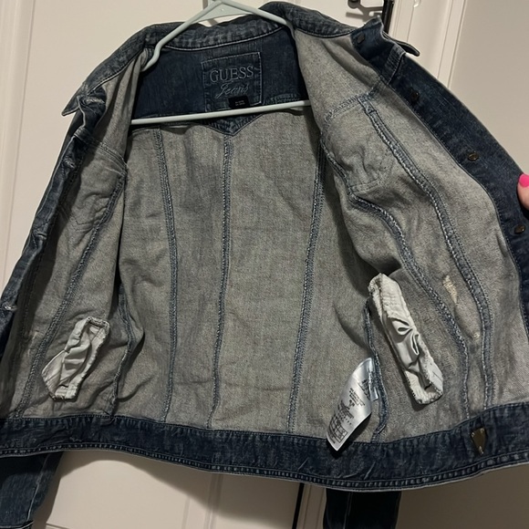 Guess Y2K Vintage Distressed Jean Denim Jacket Stretch Size Large w Gold Paint - Picture 8 of 10